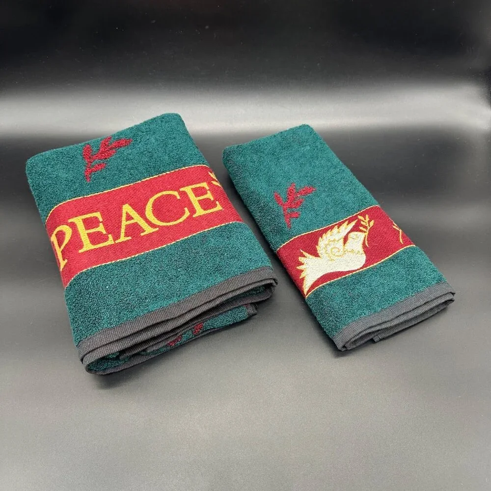 Vintage Christmas Bath Towel Hand Towel Set 1990s Santens USA Peace Dove Cotton